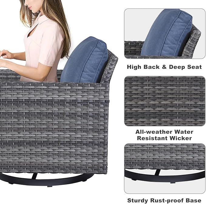 Belord Family Reunion Patio Conversation Set - 6 Piece Outdoor Sectional Furniture Set with Storage Box and Wicker Swivel Glider Chair Set of 2,Removable Blue Cushions for Deck Backyard Sunroom