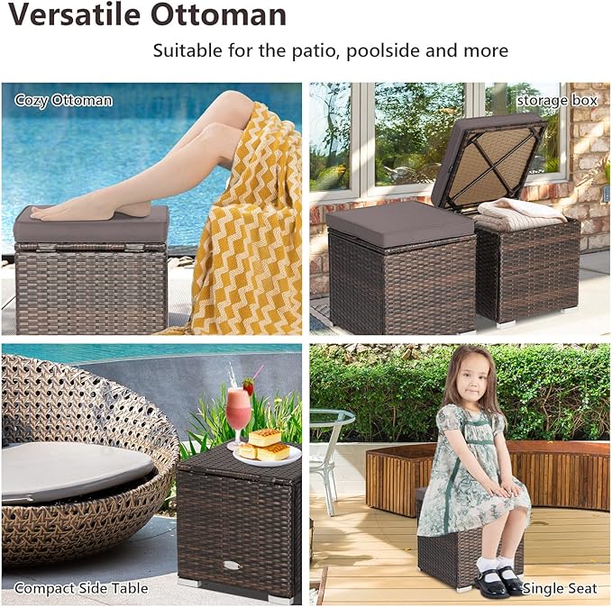 Tangkula 2 Pieces Patio Ottomans, Patiojoy Hand-Woven PE Rattan Side Table with Removable Cushion & Hidden Storage Space, Multifunctional Storage Box, Seats for Patio, Backyard, Poolside (Grey)