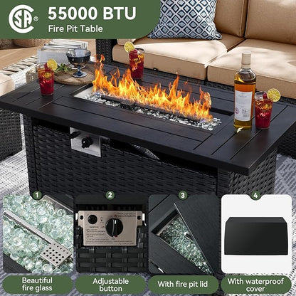Aoxun 8 Piece Patio Furniture Set with 44” Fire Pit Table Wicker Rattan Patio Sectional Sofa Set Outdoor Seating Furniture with Thickened Cushion, Beige