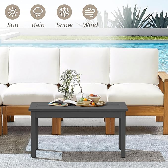 LUE BONA Outdoor Coffee Table Rectangle, 42.5" HDPS Patio Coffee Tables for Outside, All Weather Patio Coffee Table with Slatted Tabletop for Deck, Garden, Balcony, Indoor or Outdoor Use, Dark Gray