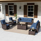 ALAULM Patio Furniture Set with 2 Swivel Chairs, Outdoor Sectional with 55000 BTU Fire Pit Table and Wide Seat, 11 Pieces Wicker Rattan Conversation Set with Coffee Table for Garden, Deck, NavyBlue