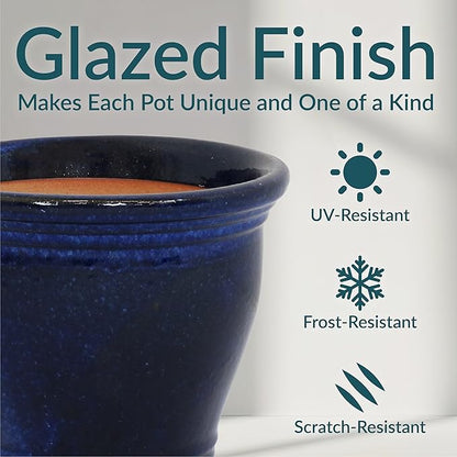 Sunnydaze Round Ceramic Planter - Set of 2 Indoor or Outdoor Plant Pots with Drainage Hole - Studio - 11" - Imperial Blue Glaze