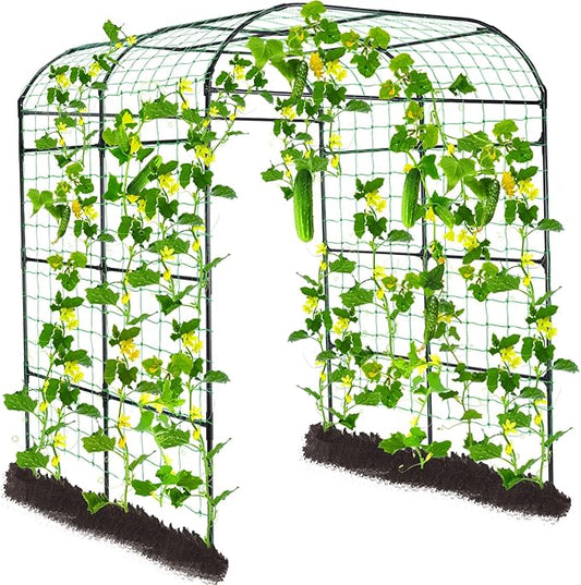 Lalahoni Large Garden Trellis Arch for Climbing Plants Outdoor, 7.8 feet Tall Metal Walkway Arbor Plant Support Vine Flower Vegetables Cucumber Trellis for Raised Bed, with Netting, Lightweight