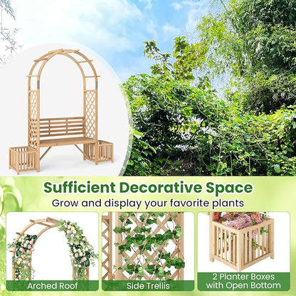 Giantex Outdoor Bench with Garden Arch & Planters, Wooden Pergola Archway, Outdoor Trellis for Climbing Plants, Patio Decorative Arbor Arch for Backyard Lawn (Arched,Natural,73"x22"x80")