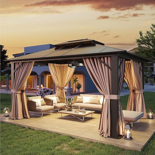 Aoxun 10'x12' Hardtop Gazebo, Aluminum Frame Permanent Pavilion with Netting and Curtains, Outdoor Polycarbonate Double Roof Canopy with Ceiling Fan, Designed for Lawn, Garden, Patio, Brown