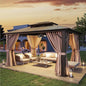 Aoxun 10'x12' Hardtop Gazebo, Aluminum Frame Permanent Pavilion with Netting and Curtains, Outdoor Polycarbonate Double Roof Canopy with Ceiling Fan, Designed for Lawn, Garden, Patio, Brown