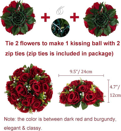 Artificial Flower Ball Centerpieces, Crimson Faux Silk Roses, 9.5 Inch