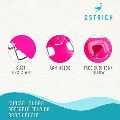 Ostrich Beach Lounge Chair, Folding & Reclining Outdoor Chaise Lounger, Pink - Portable Adjustable Recliner Chair for Lawn, Pool, Patio, Garden, and Yard