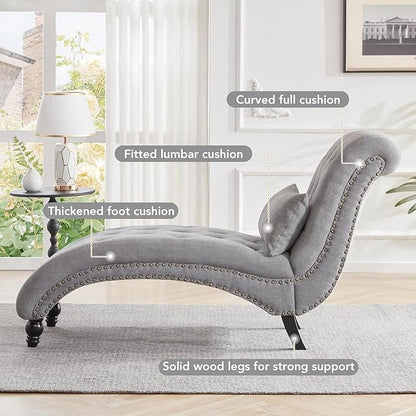 Tufted Soft Chaise Lounge Chair for Bedroom, Linen Rivets Chaise Lounge Indoor, Armless Upholstered Chaise Couch Chair for Living Room with Square Cushions and Solid Wood Legs, Gray
