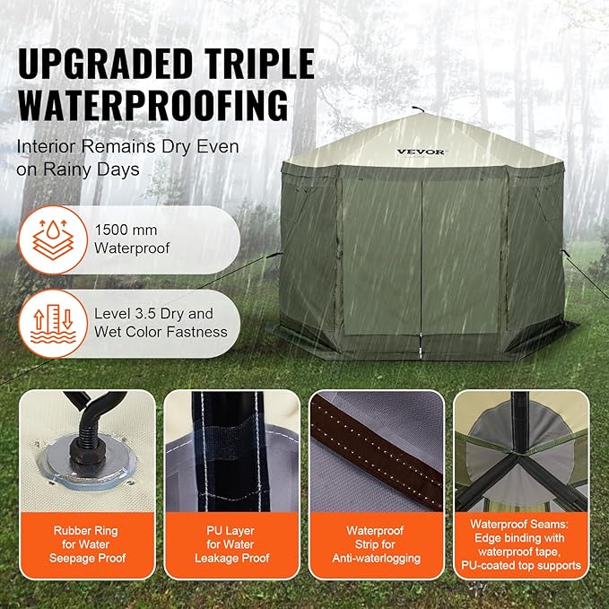 VEVOR Pop Up Gazebo Screen Tent 6 Sided Canopy Sun Shelter with 6 Removable Privacy Wind Cloths & Mesh Windows, 10x10FT Quick Set Screen Tent with Mosquito Netting, Army Green