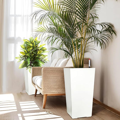 Garvee 22.5" Tall Planters Set of 2, Outdoor＆Indoor Black Planter Pots, High Front Porch Planter Pots with Drainage Holes＆Water Level Monitor＆Inner Bucket,White