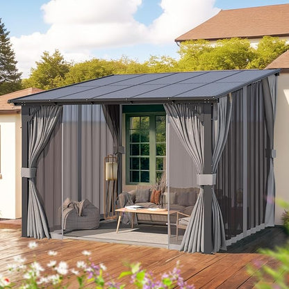 AECOJOY 10’ x 10’ Gazebo, Wall Mounted Gazebos Pergola with Curtains and Mosquito Netting, Enhanced Protective Outdoor Patio Lean to Gazebo Awnings for Deck, Porch, Backyard and Outside