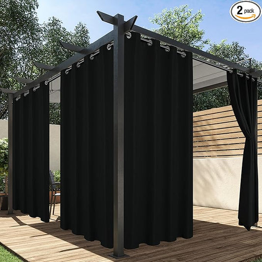 HolidayIdeas Outdoor Curtains for Patio Waterproof, 2 Panels - 84 x 84 Inch - Privacy Protection & Light Filtering Curtains Grommet Outside Curtains for Porch, Gazebo, Pergola, Backyard (Black)