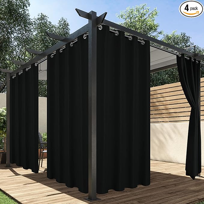 HolidayIdeas Outdoor Curtains for Patio Waterproof, 4 Panels - 54 x 108 Inch - Privacy Protection & Light Filtering Curtains Black Grommet Outside Curtains for Porch, Gazebo, Pergola, Backyard
