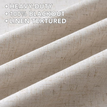 H.VERSAILTEX Linen Curtains 100% Blackout Curtains for Bedroom 54 inch Long Full Light Blocking Nature Linen Blended Window Curtains for Living Room Nickel Grommet (2 Panels, Heathered Natural)