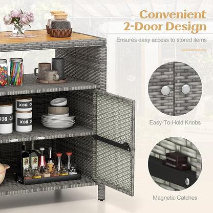 Tangkula Rattan Outdoor Storage Cabinet, Patiojoy Outdoor Cabinet with Acacia Wood Countertop, Open Compartment, 2-Door Wicker Sideboard, Outdoor Bar for Patio Garden Backyard Poolside (Mix Grey)