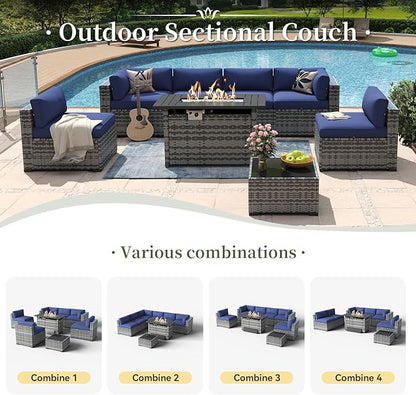 Aoxun 8 Piece Patio Furniture Set with 44” Fire Pit Table Paito Conversation Set Wicker Rattan Outdoor Sectional Sofa Set with Waterproof Cover and Thickened Cushions (Grey/Blue)