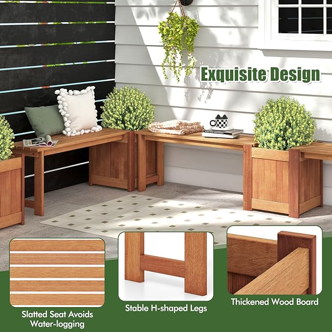Giantex Set of 2 Outdoor Bench with Raised Garden Beds, 4-in-1 Wood Seat with Teak Oil Finish, Planter Boxes with Open-Ended Base, Garden Bench Seat for Porch Balcony Lawn Yard, DIY Assembly