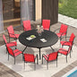 VICLLAX Large Patio Dining Furniture Set, Outdoor Dining Set for 10-60" Round Outdoor Table and Patio Stackable Chairs, Black Tabletop and Red Fabric