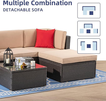 Vongrasig 5 Piece Patio Furniture Sets, All-Weather PE Rattan Wicker Outdoor Sectional Couch, Small Patio Conversation Set with Glass Table for Garden Pool, Beige
