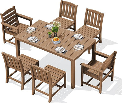 SERWALL 7-Piece Outdoor Dining Set, 60" - 83" Expandable Outdoor Dining Table and 6 HDPE Chairs, All Weather HDPE Outdoor Furniture Set for Backyard, Garden, Brown