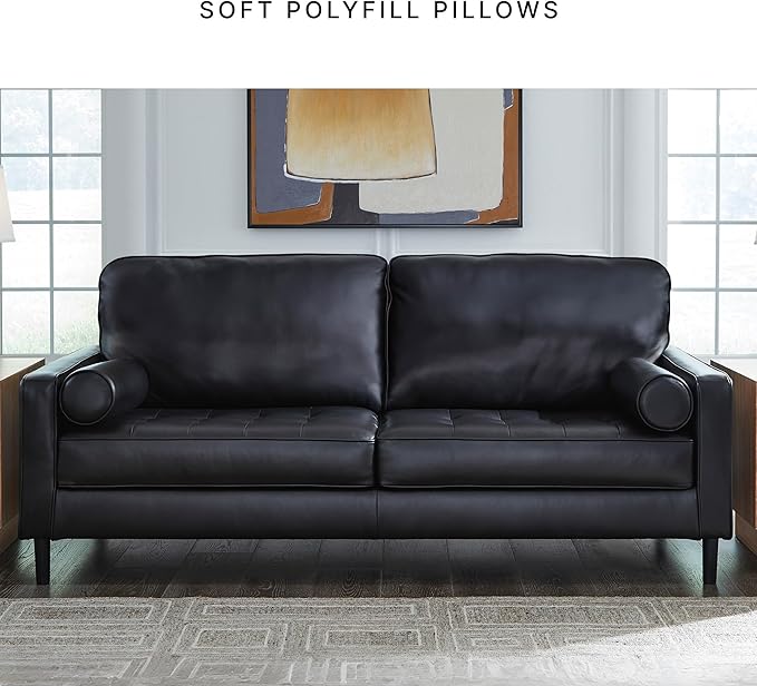 Signature Design by Ashley Bryceview Contemporary Leather Match Tufted Sofa with 2 Bolster Pillows, Black