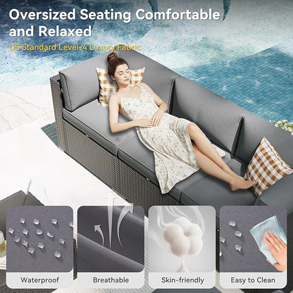 Aoxun Patio Furniture Set, 11 Piece Outdoor Sectional Sofas with Waterproof Cover, 10 Seats Wicker Rattan Outdoor Furniture Patio Conversation Set for Backyard, Garden Light Grey