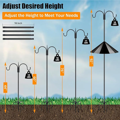 FEED GARDEN Heavy Duty Bird Feeder Pole - 92” Squirrel Proof Shepherd Hook with Baffle, 5-Prong Stable Base, Adjustable Height, Rust Resistant Steel for Outdoor Feeders & Plants