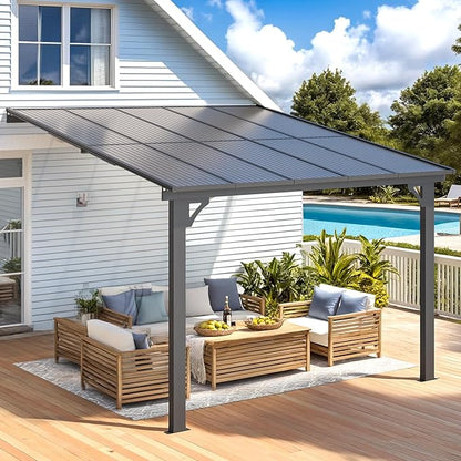 AECOJOY 10' x 10' Adjustable Height Outdoor Gazebo Pergola for Patio, Large Wall-Mounted 6.5-9.8 Ft Hard Top Lean to Metal Heavy Duty Metal Awnings Shelter Pergolas and Gazebos Clearance with Roof