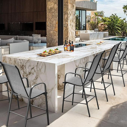 VINGLI Set of 4 Stackable Outdoor Bar Stools – Sling Chairs with High Back & Armrests, for Lawn, Garden, Bar, Grey
