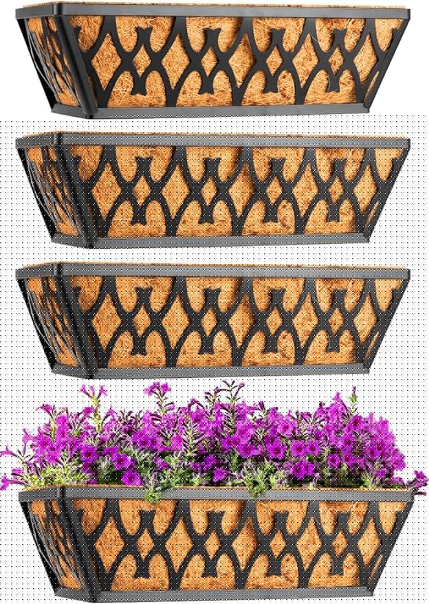 4 Pack 16 Inch Window Boxes Planters Railing Planter Box with Coco Liners Deck Railing Planter Boxes Balcony Hanging Flower Box for Outdoor Plants Garden Decor