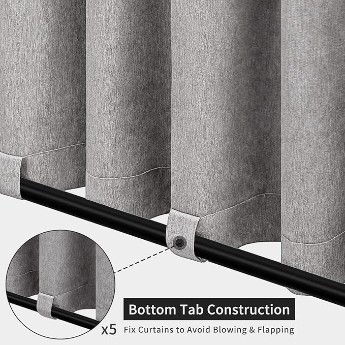 Easy-Going Linen Look Outdoor Curtains Waterproof Windproof Porch Curtains, Soft Thicken Outdoor Privacy Curtains for Patio, Gazebo, Grommet Top and Tab Bottom Drape, 1 Panel, 110x84 inch, Grey