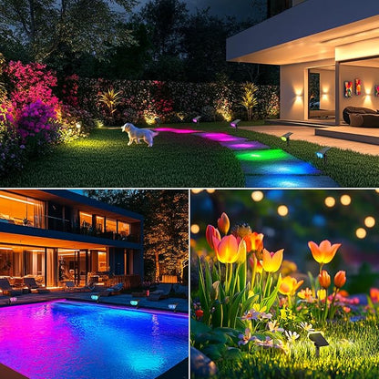 Consciot Solar Spot Lights Outdoor, Halloween Decorations 22 LEDs IP67 Waterproof Color Changing Solar Outdoor Lights, 8 Colors, 2-in-1 Adjustable Wall Lights for Garden Yard Pathway, 4 Pack (RGB)