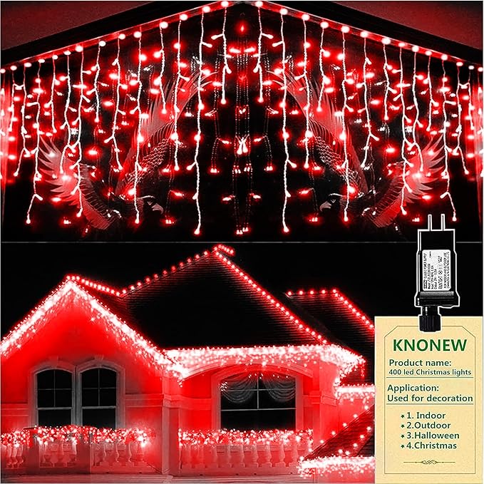 String Lights with 400 LEDs, 33 ft Red Outdoor Christmas Decor, 8 Modes
