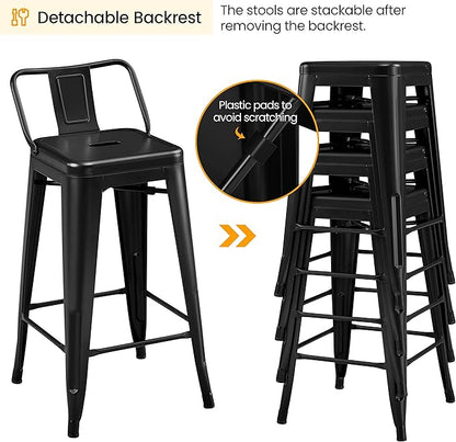 Yaheetech Bar Stools Set of 4, Metal Counter Height Chairs, 26 Inch Industrial Kitchen Stools with Backrest and Footrest for Indoor/Outdoor, Matte Black