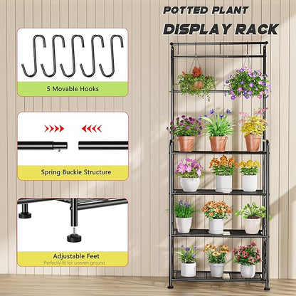 Plant Stand Indoor Outdoor Heavy Duty Metal - 68.4" Tall 4-Tier Shelf for Multiple Plants, Flowers, Rustproof Black Storage Rack for Patio, Balcony, Living Room, Garden, Includes Hooks&Adjustable Feet