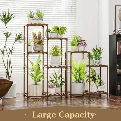 Bamworld Indoor Plant Stands Outdoor Combo Plant Shelves for Multiple Plants 10 Pots Wooden 2 Sets of Package Plant Rack for Living Room Balcony Garden
