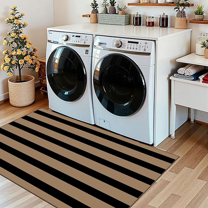Outdoor Rug, Brown and Tan Striped Door Mat, 3 x 5 Ft, Machine Washable