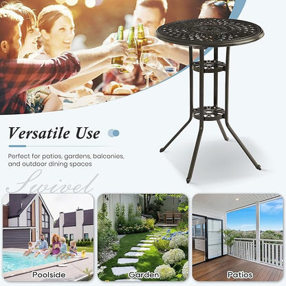 Patio Dining Table,Cast Aluminum Patio Tables with Umbrella Hole, Outdoor Bistro Table for Backyard, Garden, Patio (30" Round Table)
