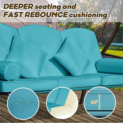 3 in 1 Outdoor Porch Swing with Adjustable Canopy, 3 Seat Outdoor Swing for Adults, Patio Swing Chair with Thickened Cushions,Pillows & Cup Holders for Backyard, Porch, Garden (Lake Blue)