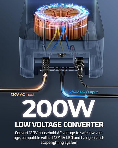 DEWENWILS 200W Low Voltage Landscape Transformer, Photocell Sensor & Timer, 120V AC to 12/14V AC, Landscape Lighting Transformer Outdoor, Weatherproof for Spotlights, Garden Lights