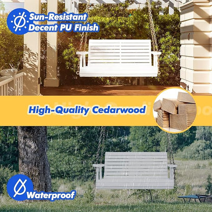 VINGLI Upgraded Patio Wooden Porch Swing for Courtyard & Garden, Heavy Duty 880 LBS Swing Chair Bench with Hanging Chains for Outdoors (White, 4 FT)