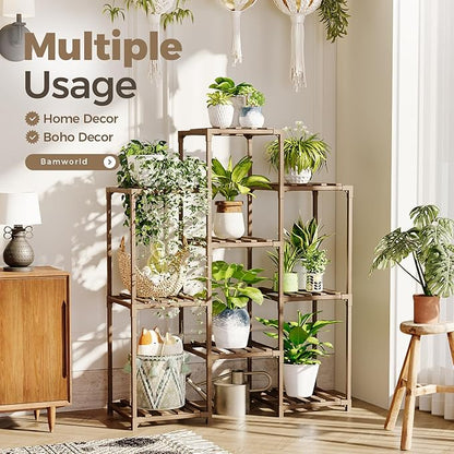 Bamworld Plant Stand Indoor Plants Shelf Outdoor Wood Plant Rack for 4 Tiers Large Flower Stand for Multiple Plants Ladder Plant Holder for Living Room Boho Home and Gardening