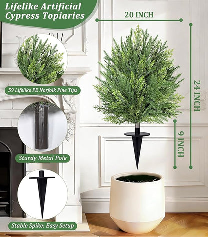 2 Pack Artificial Cypress Topiary Ball Trees with Ground Spike, 24" Norfolk Fake Bushes Shrubs UV Resistant Faux Plants Greenery for Outdoor Planters Garden Front Porch Pot Urn Fillers Spring Decor