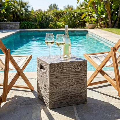 COSIEST Wooden Outdoor Side Table, Square MgO Concrete End Patio Side Table, Lightweight Cylinder Top Plant Stand with Square Base for Garden and Deck