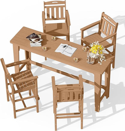 Ciokea Outdoor Bar Height Table Set of 5, 60" Extra Long Rectangle High Top Table and 4 Oversized Adirondack Chairs Set, Heavy-Duty All-Weather HDPE Patio Bar Set for Backyard Balcony Deck, Teak