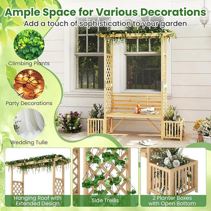 Giantex Outdoor Bench with Garden Arbor & 2 Planter Boxes, Wooden Trellis for Climbing Plants & Vines, Outside Pergola for 2-People Seating, Decoration for Porch, Patio, Yard