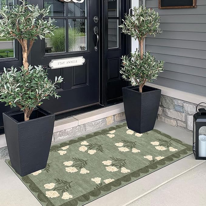 Outdoor Rug Door Mat with Floral Design, Sage Green, 2 x 4.25 ft