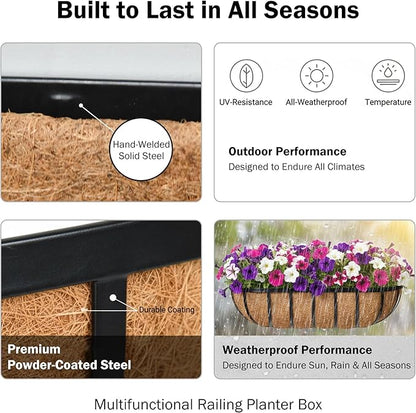 16“ Window Box Railing Planter with Coco Liner Metal Wall-Mounted Coconut Liner Planter Basket English Horse Trough Planters for Outdoor Deck Balcony Porch Fence Patio Black (2 Pack)