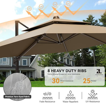 9x12FT Brown Cantilever Outdoor Patio Umbrella with Base, Large Rectangular Offset Design, Double Top Heavy Duty Aluminum Frame & 360° Rotation for Pool Garden Deck Backyard